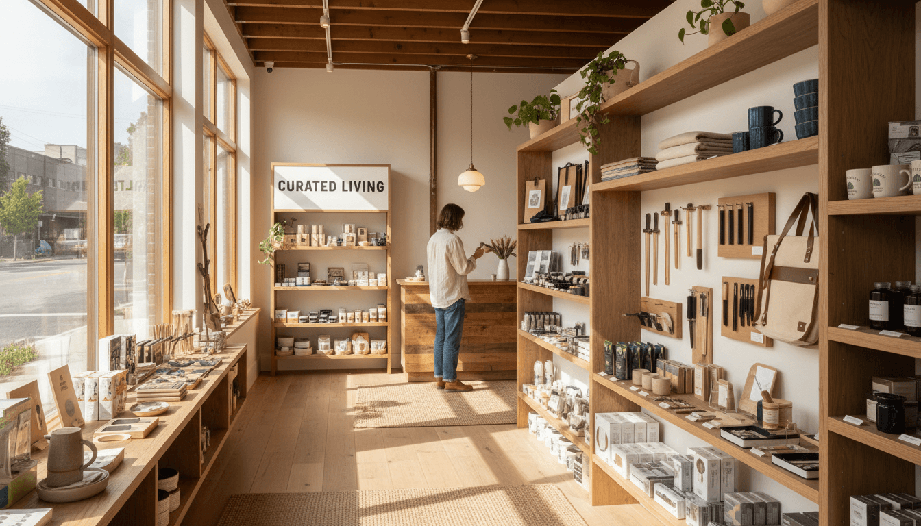 Friendly retail shop interior with organized product displays and natural lighting