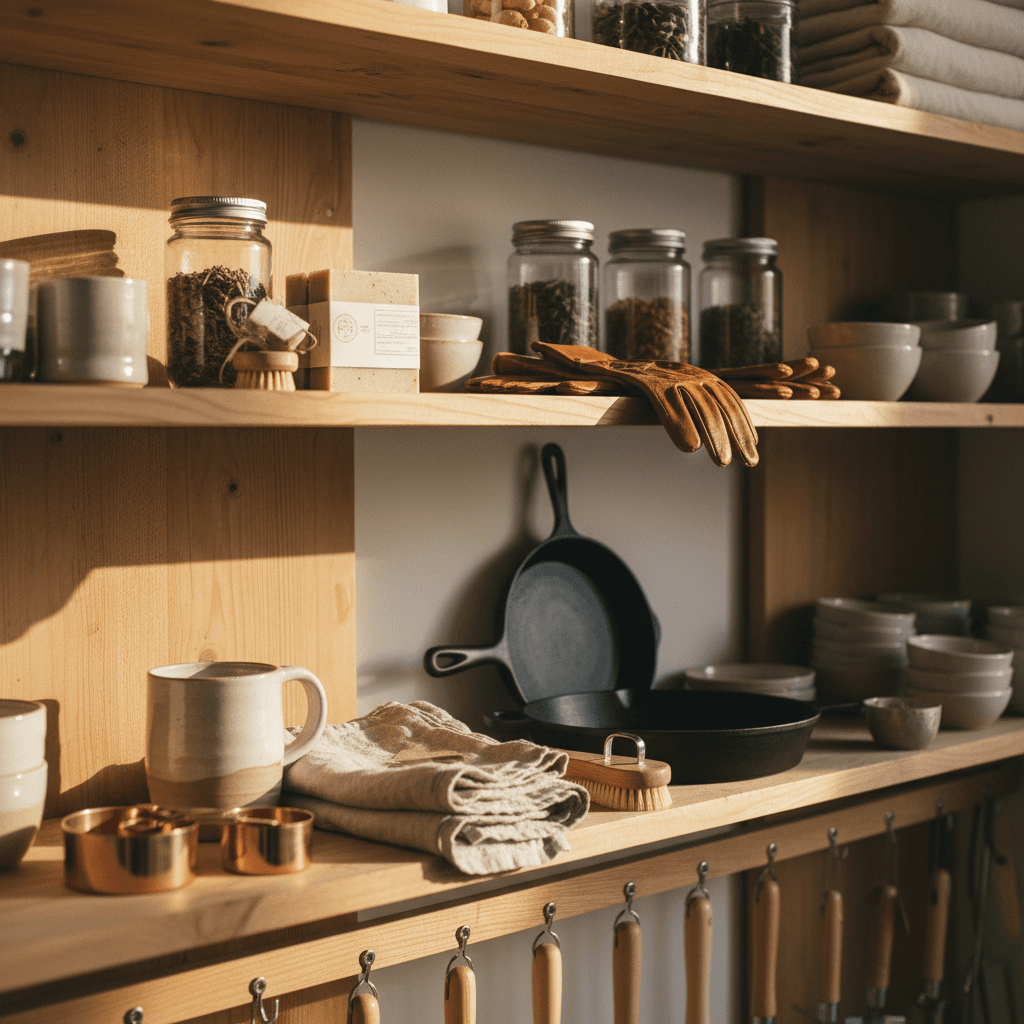 Thoughtfully selected items displayed on shelves